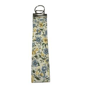 NEW Handmade Wrist Keychain Blue and Yellow Floral Cotton Silver Tone Hardware